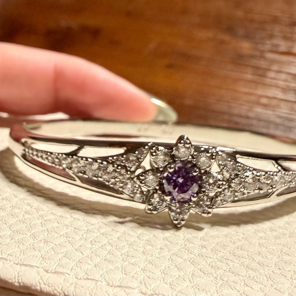 Silver-tone and Purple Women's Bangle Bracelet - 18K White Gold Filled - Picture 10 of 11